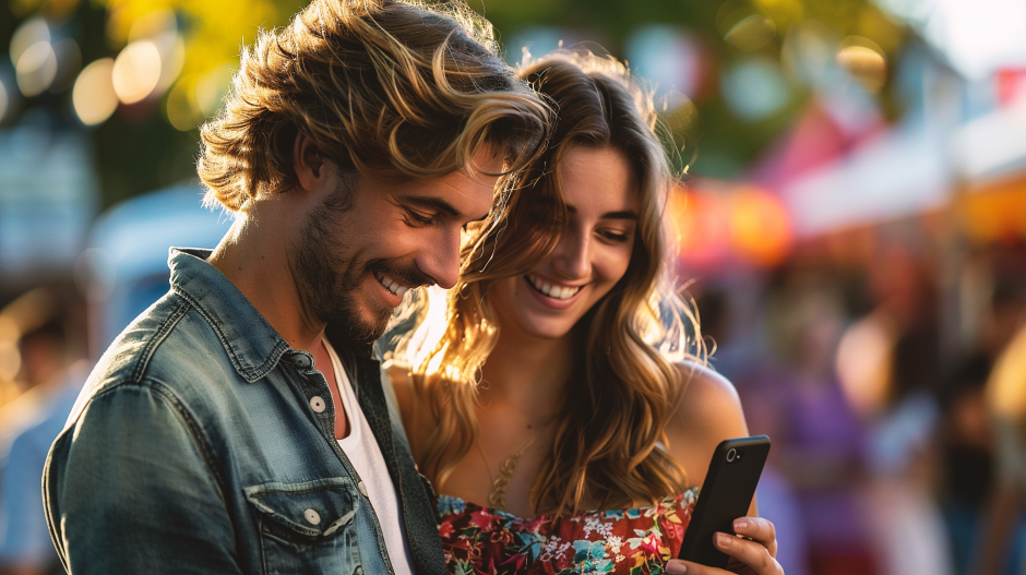 Mulher explorando comunidades cuckold online enquanto conversa com o marido