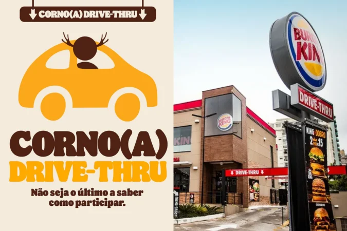 Placa promocional do Corno Drive-Thru do Burger King com tema divertido para o corno assumido no Dia dos Namorados
